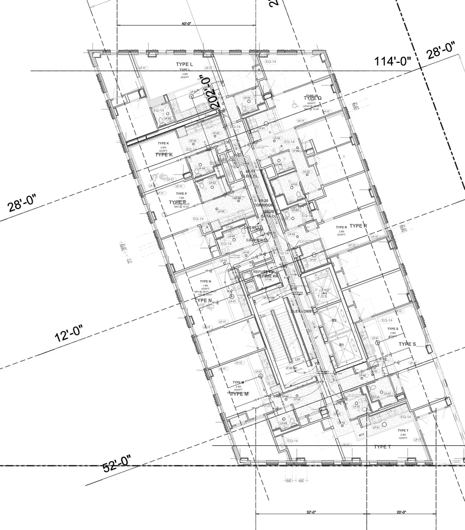 Redacted engineering drawing &mdash; 16-storey tower over two parking sub-cellars, deck by deck