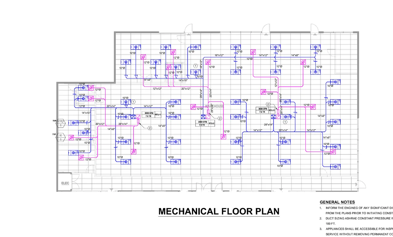 Redacted engineering drawing &mdash; ISO 8 cleanroom inside a working warehouse