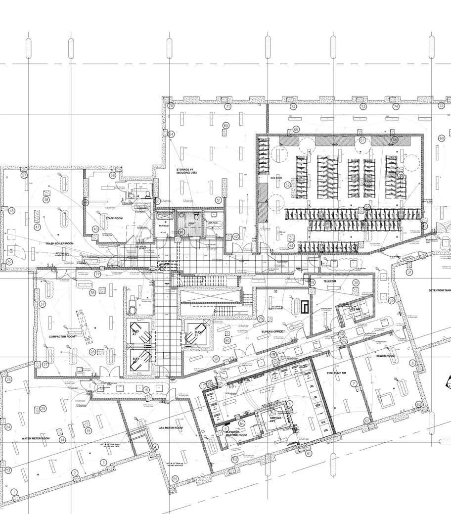 Redacted engineering drawing &mdash; 254-unit affordable tower, drawn from the underground up
