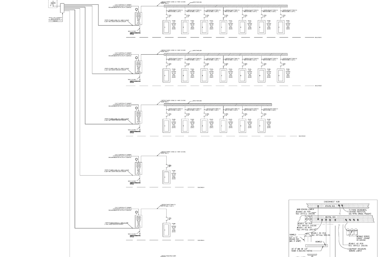 Redacted engineering drawing &mdash; Five-building storage campus, designed as five buildings