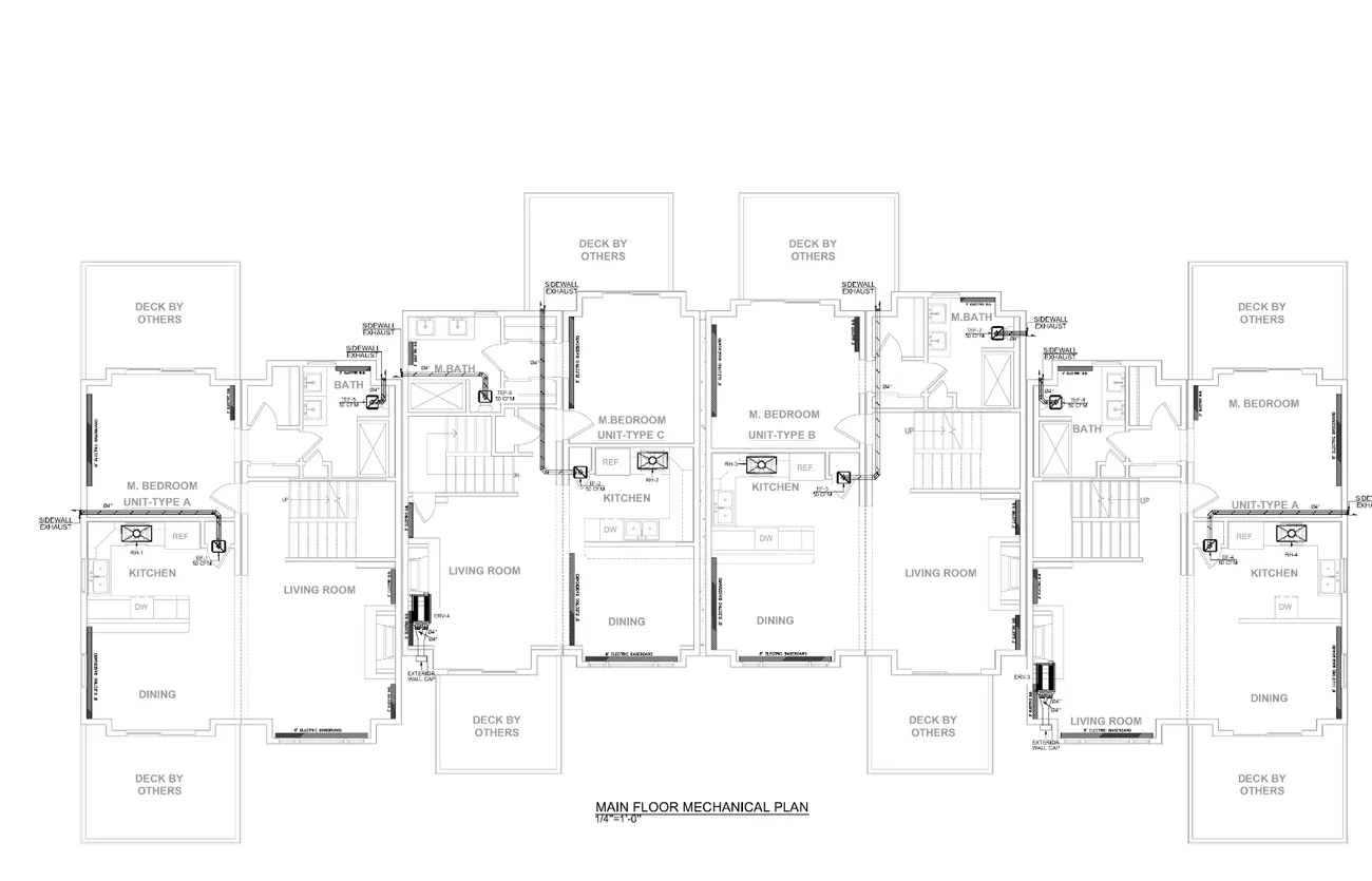 Redacted M / E / P drawing &mdash; Townhouse fourplex, Colorado