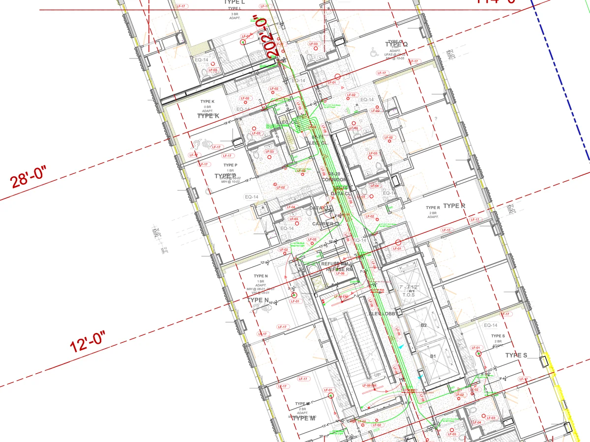 Extract of a dimensioned electrical conduit layout for a residential tower floor