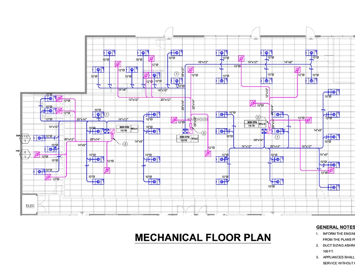 Extract of a mechanical floor plan showing supply and return ductwork
