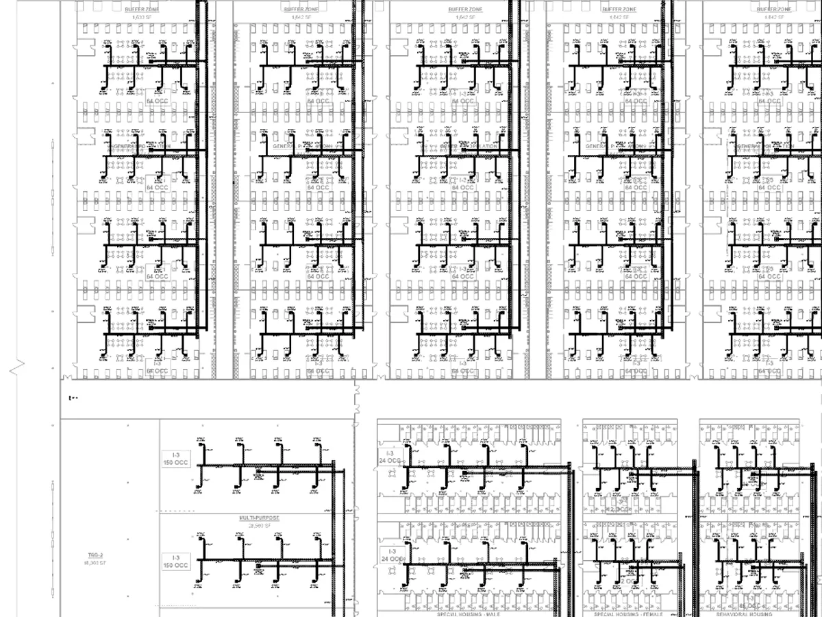 Extract of a plumbing plan with fixture branches and risers