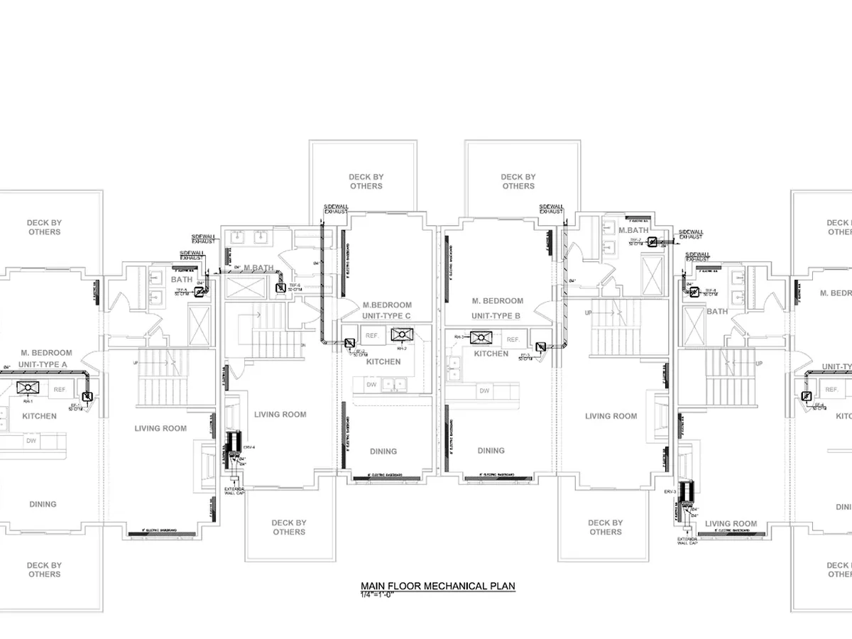 Extract of a residential mechanical plan across four townhouse units