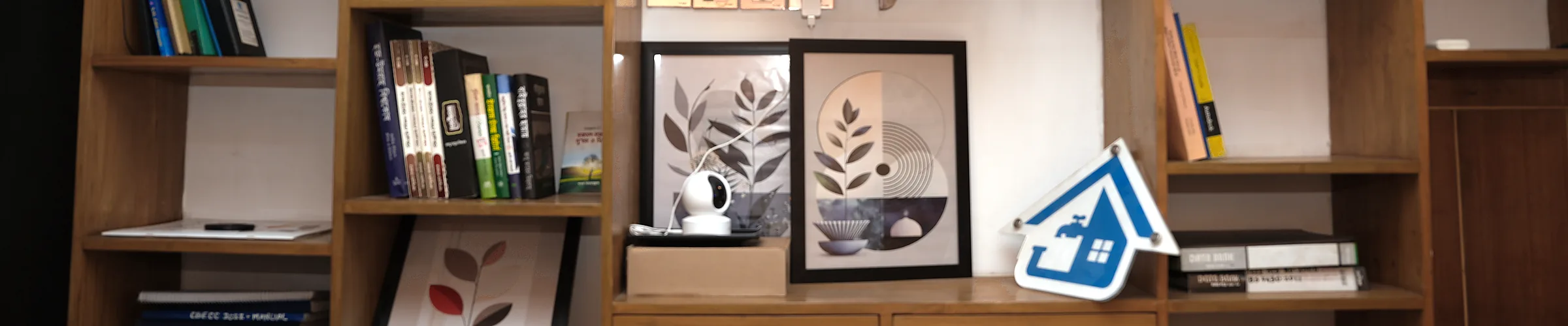 Shelving in the Zesterex studio with the company sign, reference books and artwork