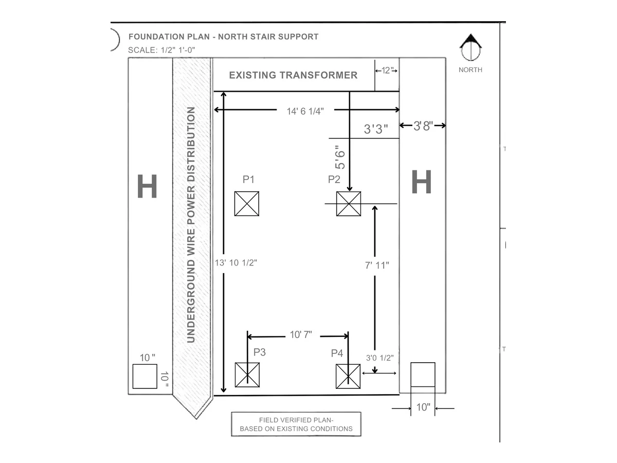 Extract of a structural foundation plan: a combined footing on four piers between an existing transformer and a duct bank