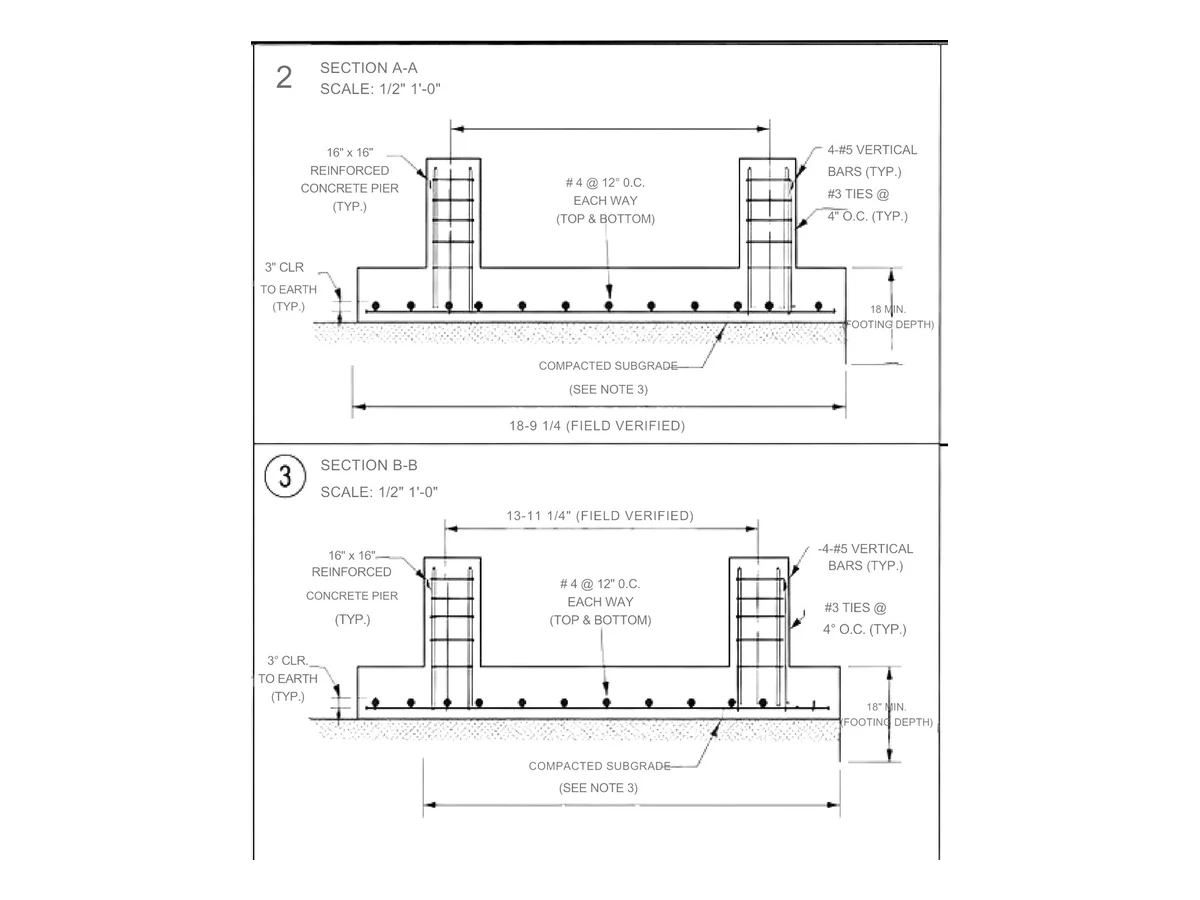 Extract of two sections through a reinforced-concrete footing showing pier reinforcing and bar spacing